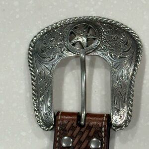 Nocona Brown Leather Belt with Engraved Silver Western Buckle